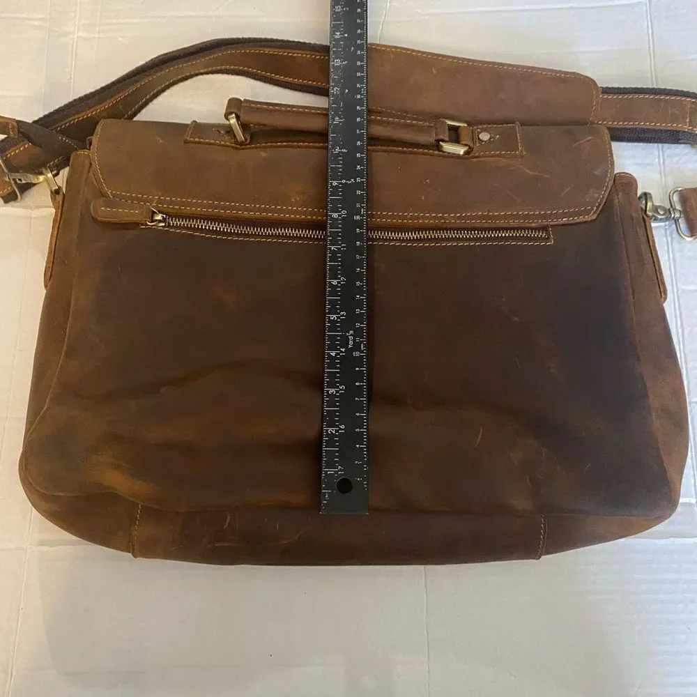 KATTEE Brown‎ Leather Messenger Shoulder Bag Distressed 14.5X3.5X10